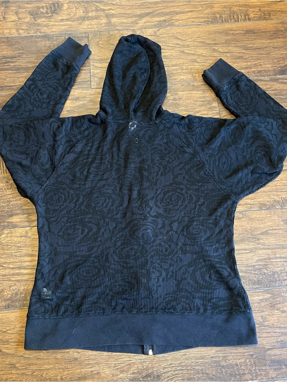 Women's Black Hooded Knit Pullover with Tonal Floral Jacquard